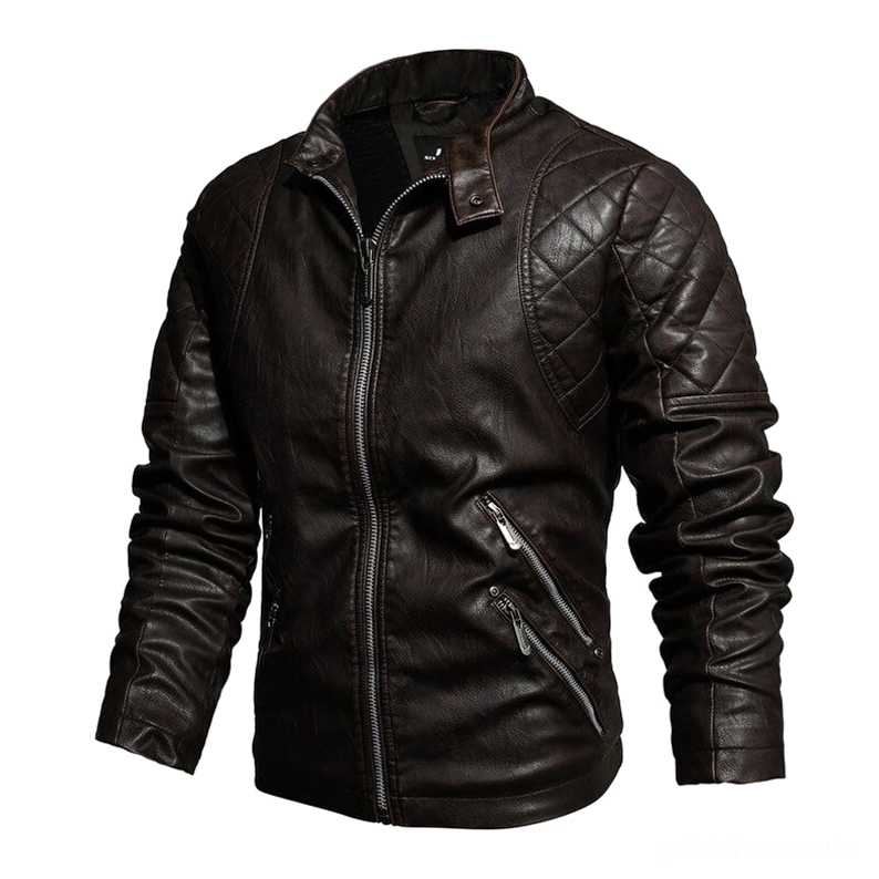 Dunkelbraun vintage Style Gothic-Kunstleder Jacke mit gestepptem Rocksaum, Schulterversteifung und Metallreißverschlüssen, zeigt hochwertige PU-Leder Konstruktion und Verarbeitung
