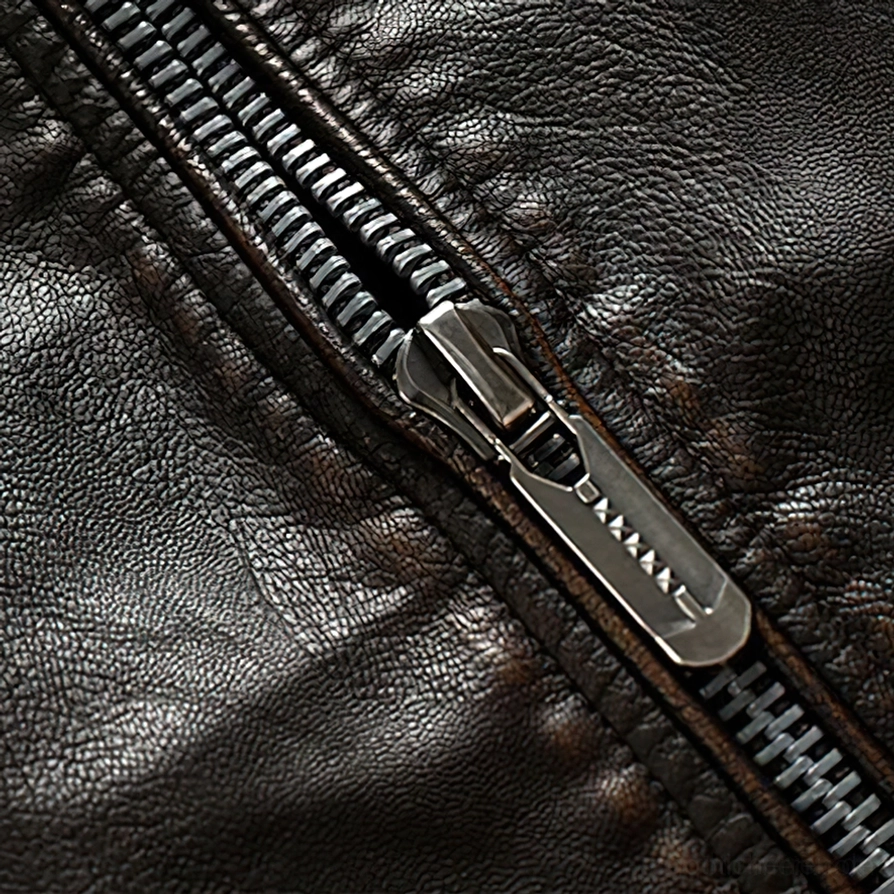 Makro-Nahaufnahme von dunkelbraunem PU-Kunstleder Textur mit markiertem silbernem Metallreißverschluss-Schieber und Präzisions-Nähten, zeigt Premium-Verarbeitung der Gothic-Lederjacke