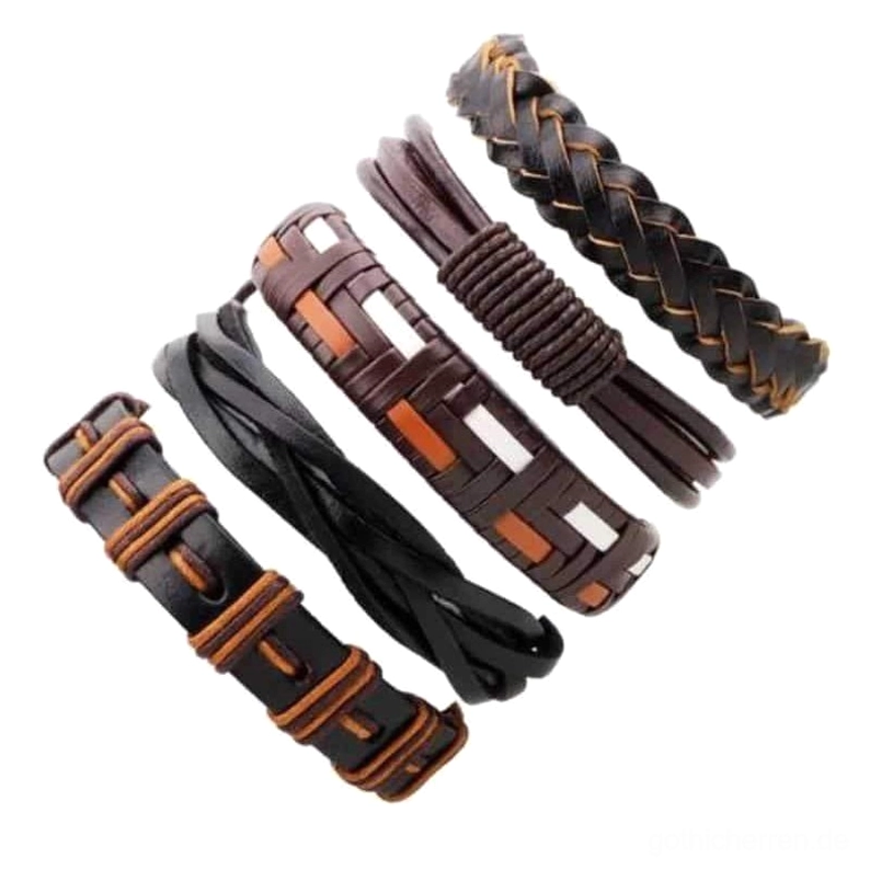 Fünfteiliges Gothic Leder-Armband Set - Detailansicht verschiedener geflochtener und gewobener Lederriemen-Designs in dunkler Ästhetik
