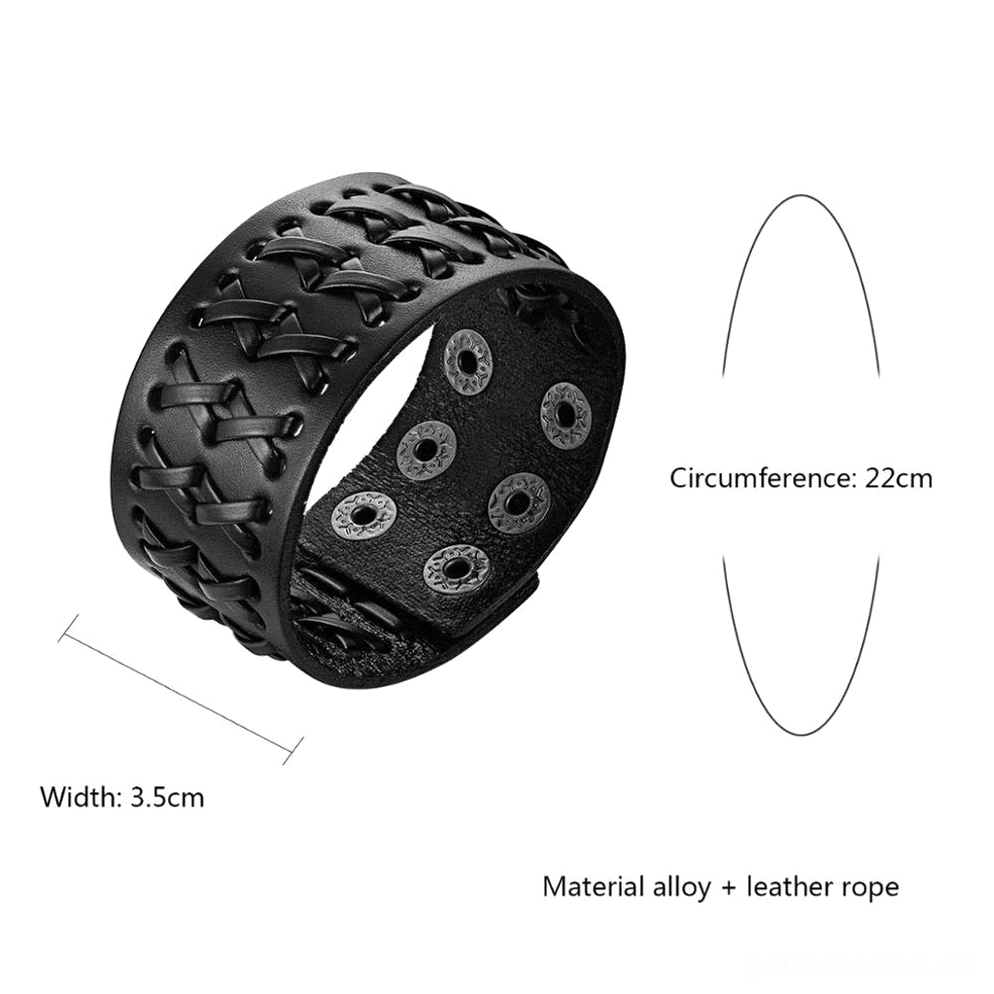 Braunes geflochtenes Leder Gothic Armband zeigt mehrere Größeneinstellungs-Drucklöcher auf Innenseite, Universalpassform Armband