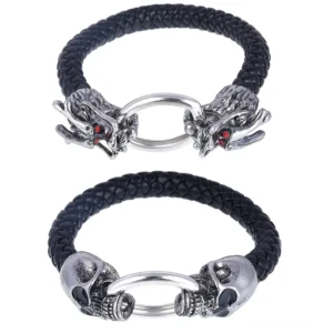 Gothic Leder Armband Vergleich zwei Stile mit Drachen- und Totenkopf-Verschluss in Silber schwarzes geflochtenes Leder Flachaufnahme