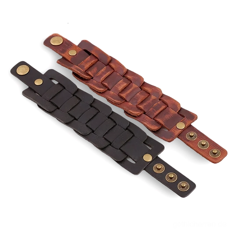Gothic Leder Snap Cuff Armbänder Flachaufnahme Display, Schwarz und Braun verstellbare Schnappverschluss-Armbänder nebeneinander, zeigt Anpassungsriemen und Alternative Designdetails