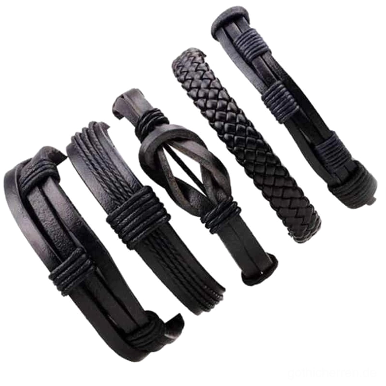 Gothic Lederarmband Kollektion 5 unterschiedliche Stile gemischte Flechtmuster Flatlay Arrangement auf weißem Hintergrund