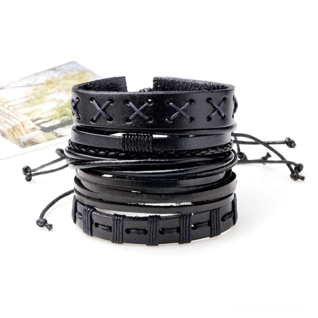 Gothic Lederarmband Set Crossstitch Kreuzstich Detail verstellbar schwarzes Lederarmband dunkle Ästhetik Handwerk