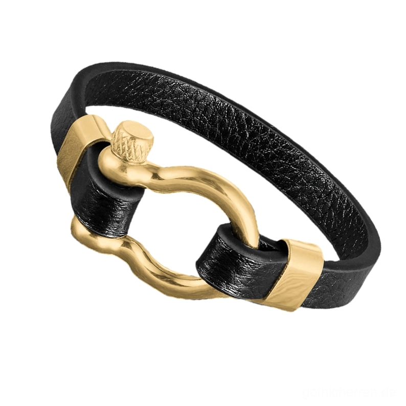 Zweifarbiges Gold-und-Schwarz Gothic-Lederarmband mit industriellem Kreis-Toggle-Verschluss - Steampunk inspiriertes Design mit barocker Eleganz