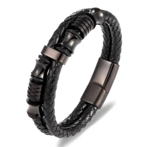 Gothic Lederarmband Herren mit gunmetall Edelstahl-Verschluss, geflochtenes Echtleder in Schwarz, 316L Edelstahl Hardware, alternative Mode Statement-Stück