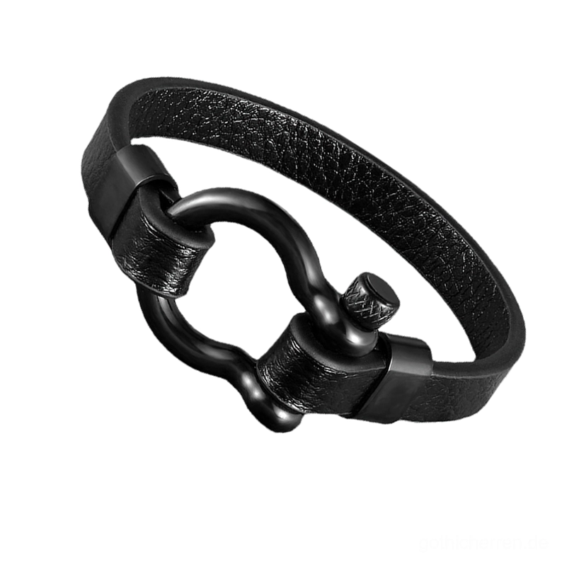 Tiefschwarzes Gothic-Lederarmband mit mattschwarzem Edelstahl-Kreis-Toggle-Verschluss - minimalistischer Alternative-Schmuck im Flachlicht