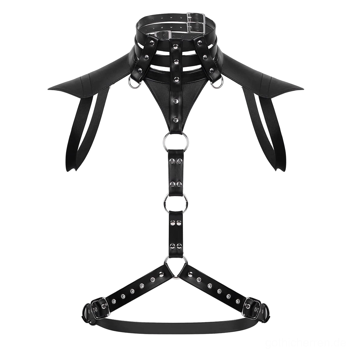 Flach-Aufnahme Draufsicht Ledergeschirr Y-förmige Torso-Straps Schulterkragen-Design und dreieckige Waist-Fixations-Riemen schwarzes Material