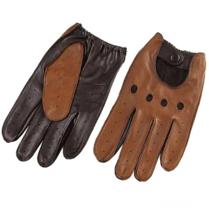 Echte Ziegenleder Gothic Biker Handschuhe in Schwarz und Braun mit Lüftungsschlitzen und Druckknopf-Armband-Design