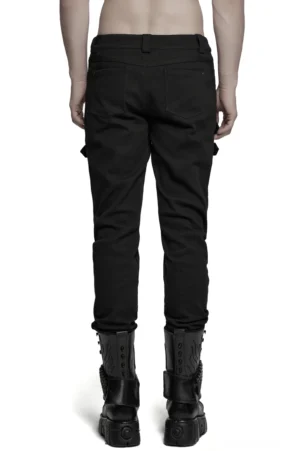 Schwarze taktische Schnallengurt Gothic-Lederhose Rückansicht mit Totenkopf-Details und Plateau-Combat-Boots Styling-Referenz