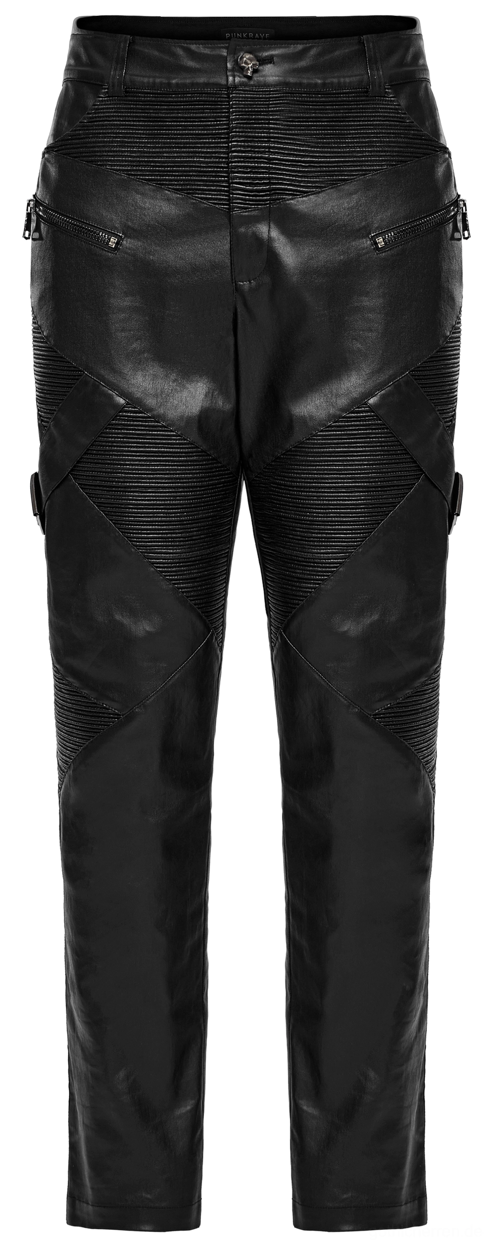 Flachlege-Rückansicht der Gothic Lederhose mit High-Rise-Konstruktion und gerader, sauberer Beingestaltung