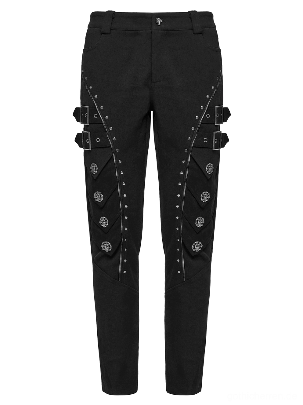 Schwarze Gothic-Lederhose Vorderanficht Flatlays mit seitlichen Schnallengurten Totenkopf-Nieten und Nieten-Besatz Details