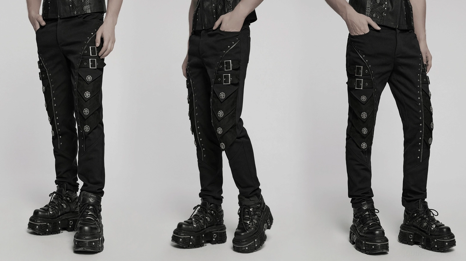 Schwarze Gothic-Lederhose mit Leder-Akzenten Studio-Fotografie zeigt vollständiges Design und Ästhetik-Zusammenstellung