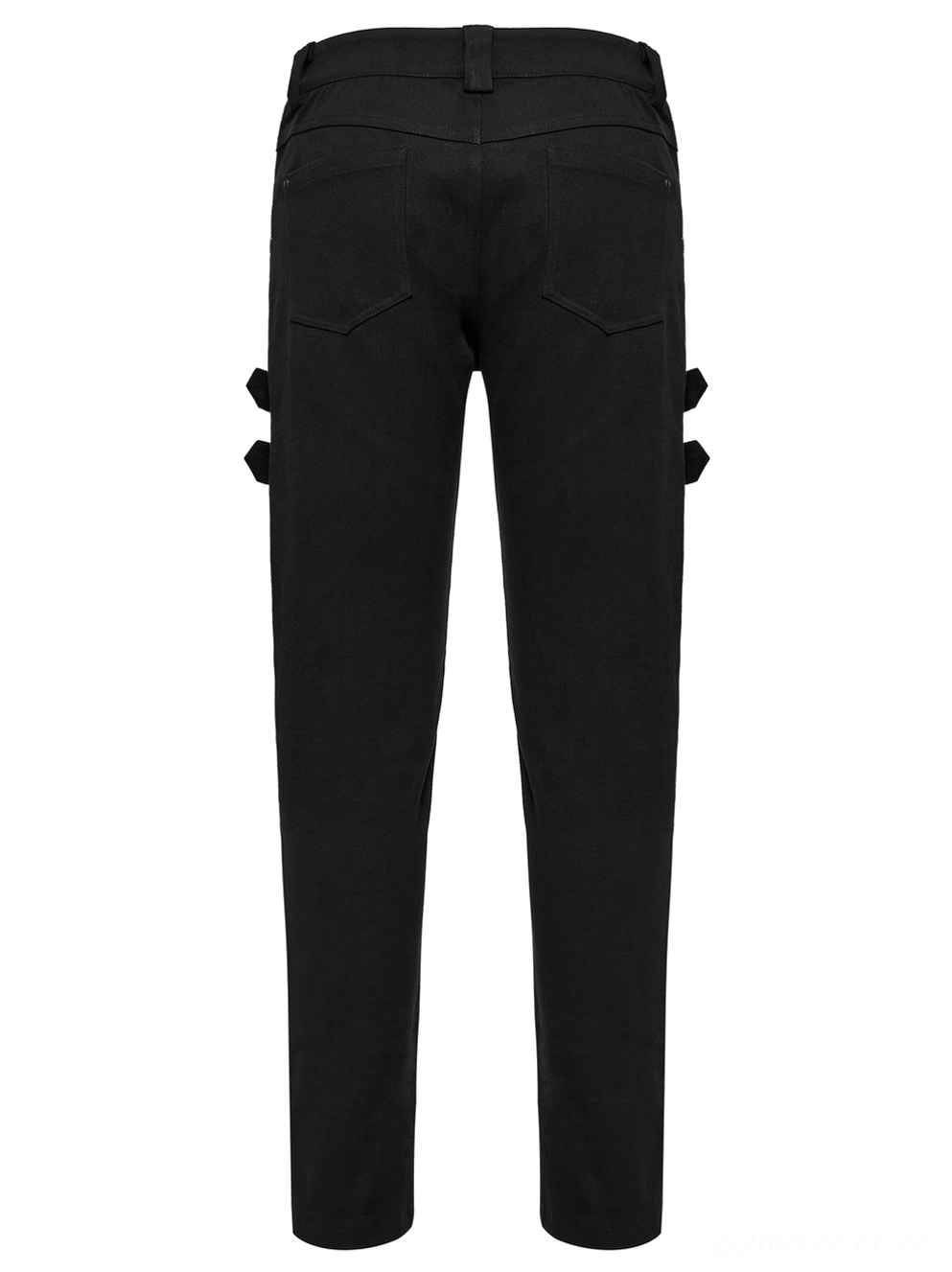 Rückansicht Flatlays schwarze Gothic-Lederhose zeigt Standard-Gesäßtaschen und seitliche Schnallengurt-Hardware-Details