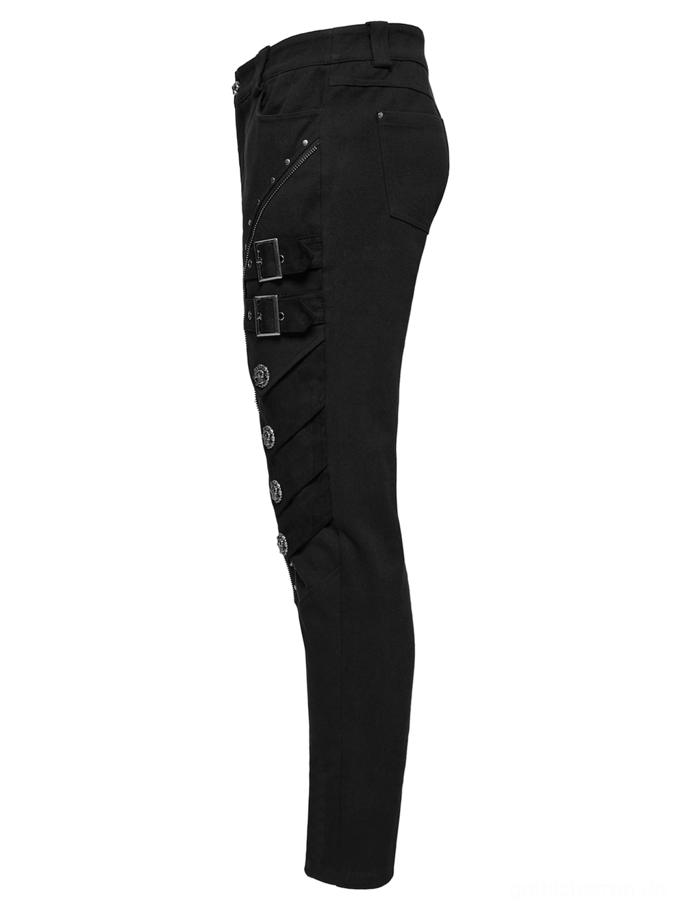 Schwarze taktische Lederhose Seiten-Flatlays mit verjüngtem Slim-Fit-Bein Nieten-Linien und Schnallengurt-Positionierung Details