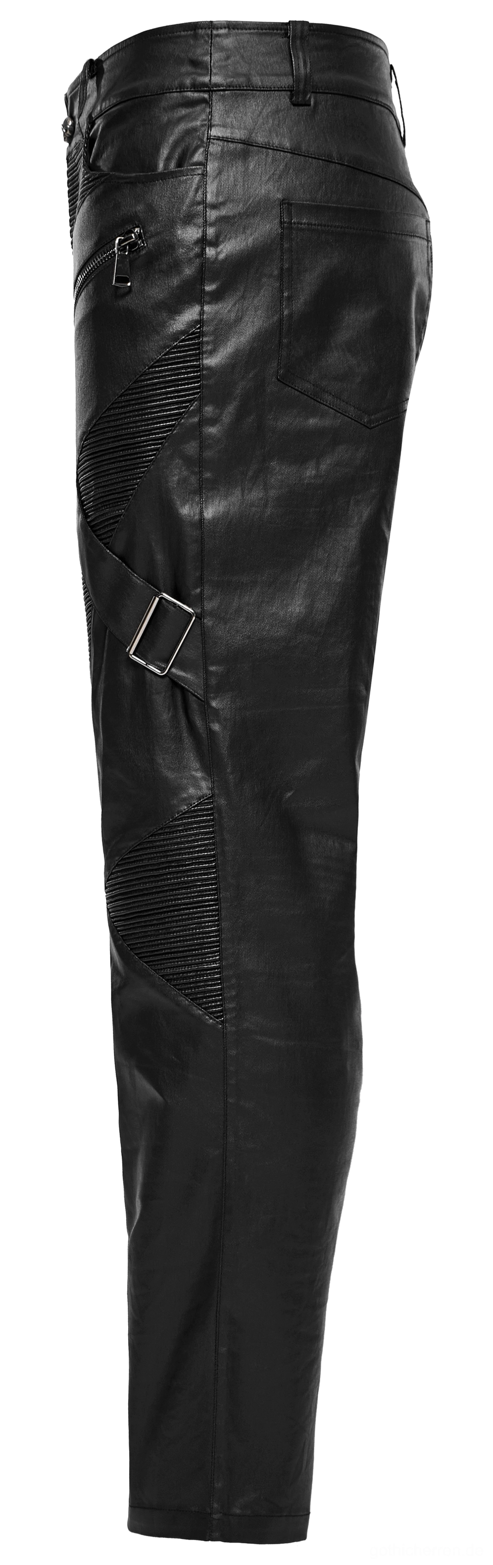 Seitenansicht Gothic Lederhose mit verstellbarer Seitenschnallen-Riemen und gerippter Knie-Artikulationsdetail