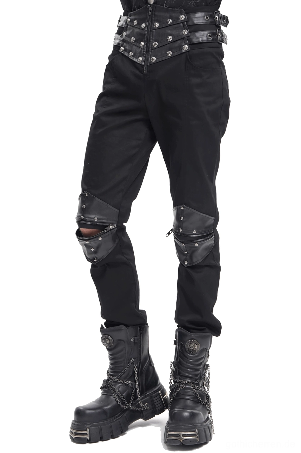 Komplette Silhouette der Gothic Lederhose im Slim-Fit-Schnitt mit modernem Alternative-Fashion-Design