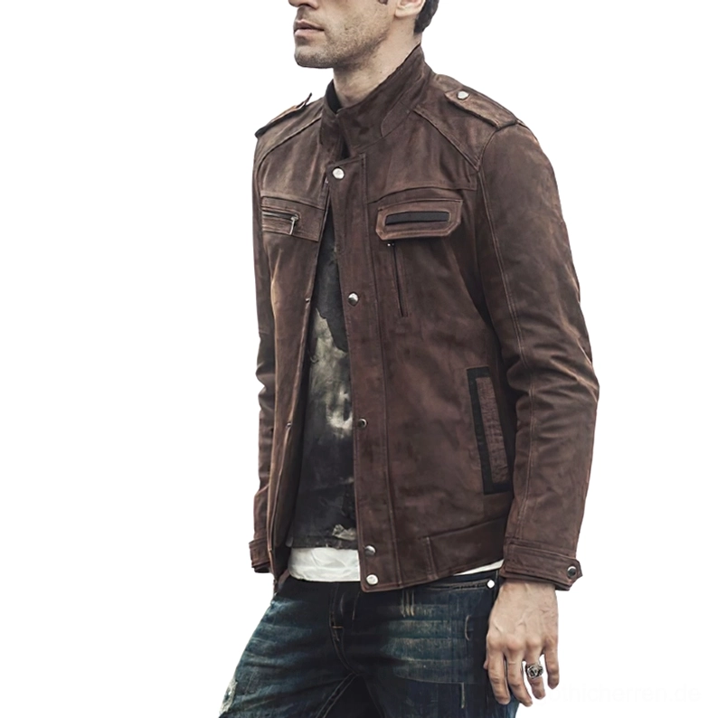 Braune Leder Gothic Jacke Herren Seitenprofil Schulterepauletten Taille Details tailored slim fit