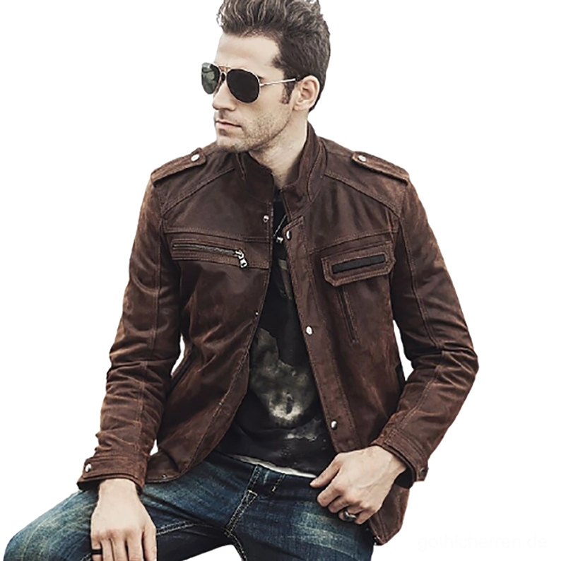 Braune Gothic Lederjacke Herren sitzende Position Reißverschluss Tasche relaxed fit bequeme Passform outdoor