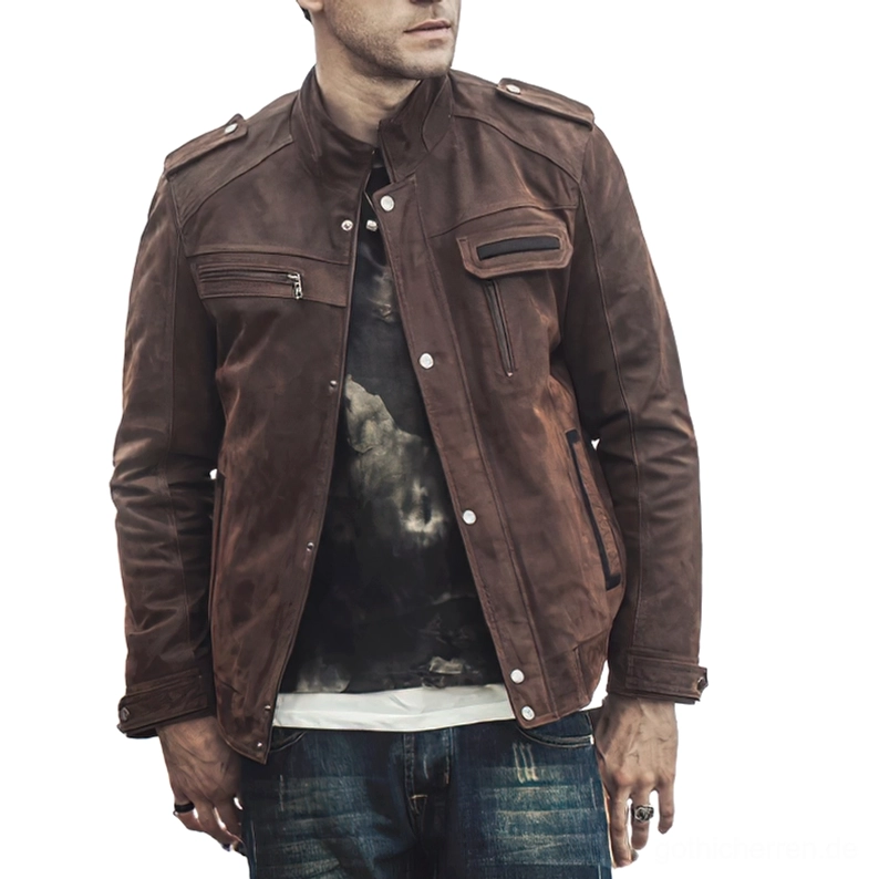 Braune Vintage Gothic Lederjacke Herren Frontansicht Druckknöpfe funktionale Taschen alternative Mode Distressed-Look