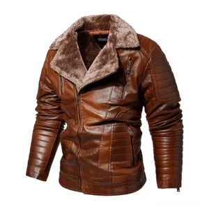 Braune Vintage-Lederjacke mit flauschigem Pelzkragen und gesteppten Ärmelpartien – Frontalansicht Flachlage mit Detailierung der Kragenkonstruktion