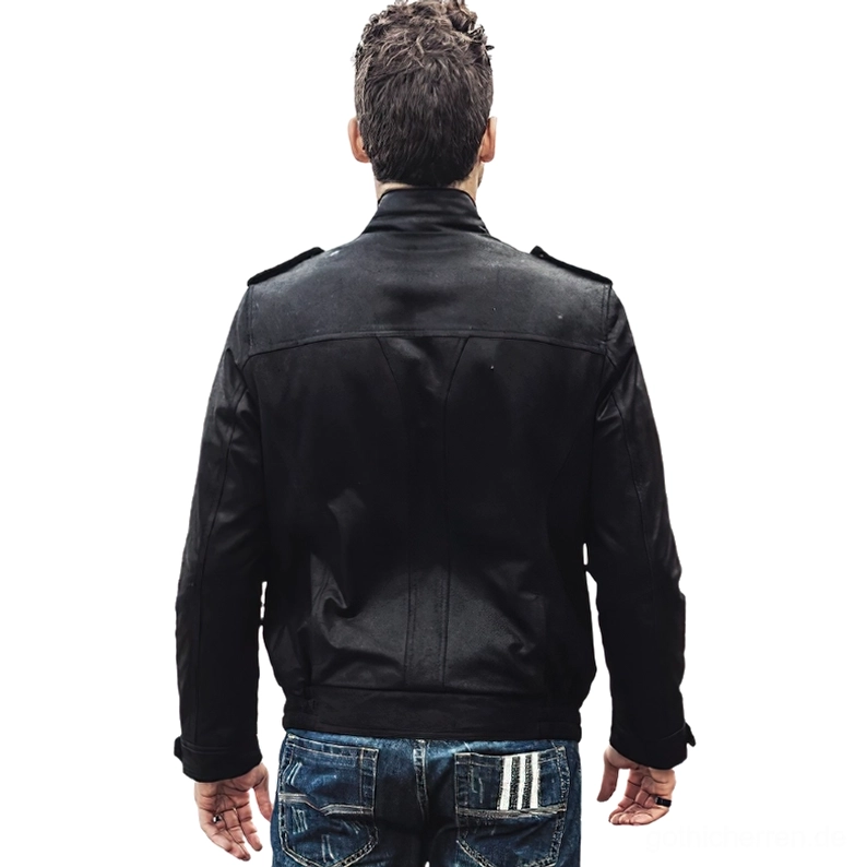 Gothic Lederjacke Herren Rückenansicht Schulterepauletten militärer Stil Nähte Rückseite vollständiger Überblick