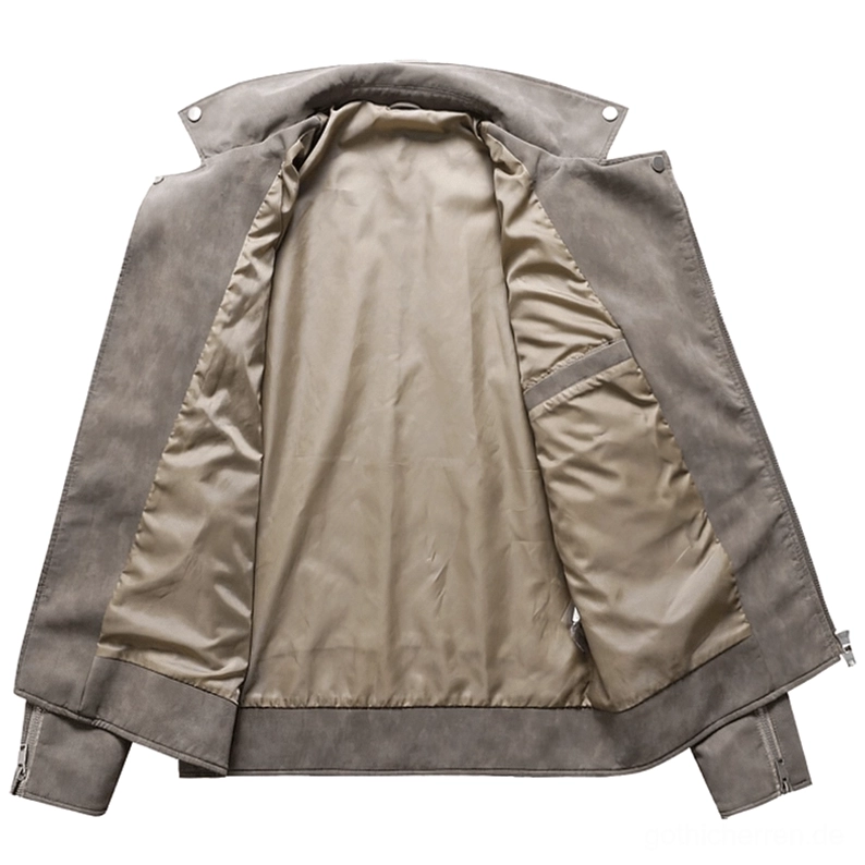 Innenseite der Gothic-Lederjacke mit Khaki-Satin-Futter verstellbaren Snap-Manschetten und inneren Taschen-Konstruktion