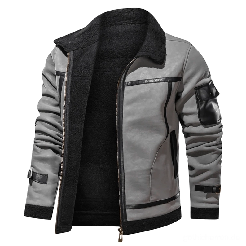 Offene Gothic Lederjacke zeigt schwarzes Fleece-Innenfutter, Shearling-Kragendetail und industriellen Reißverschlussmechanismus