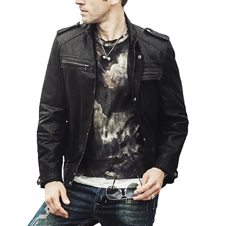 Schwarze Echtleder Motorradjacke Herren Seitenprofil Stehkragen mit Kette Tie-Dye Hemd Ledertextur