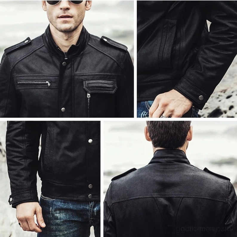 Schwarze Lederjacke Nahaufnahme Stehkragen Druckknöpfe Brusttasche Reißverschluss Lederstruktur Details Gothic