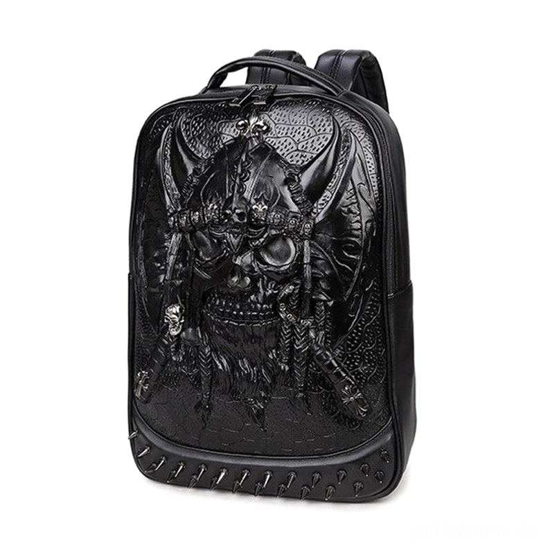 Gothic Lederrucksack Nahaufnahme des schwarzen geprägten Totenkopfs und vernietetem Rand Detail-Ansicht