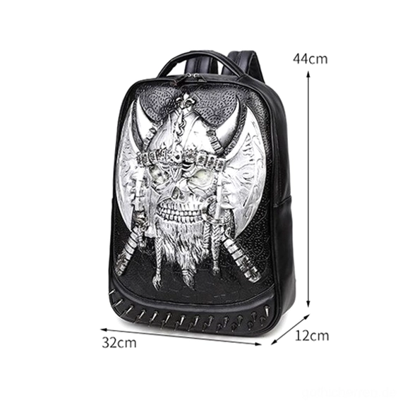 Gothic Lederrucksack Seitenansicht mit Größenangaben 32x12x44cm und Kunstleder-Textur Detail