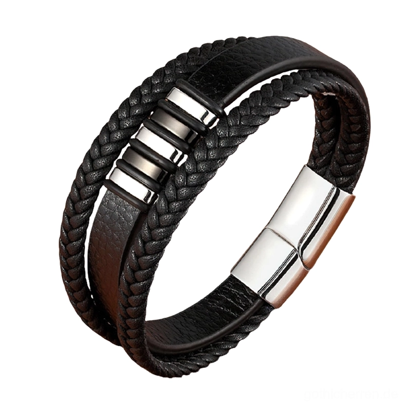 Gothic Magnetarmband Herren Schwarz-Silber Edelstahl Metalldetails Geometrisches Design Doppellagiges Lederarmband
