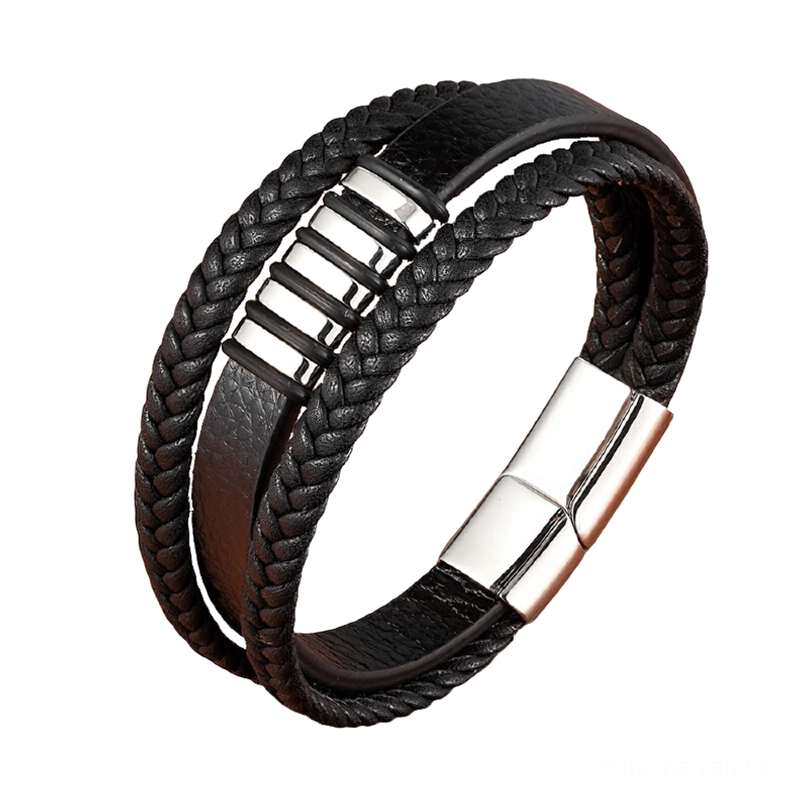 Gothic Magnetarmband Herren Vollsilber poliertes Edelstahl Doppelschicht Leder Flechtdesign Industrial Stil Magnetverschluss
