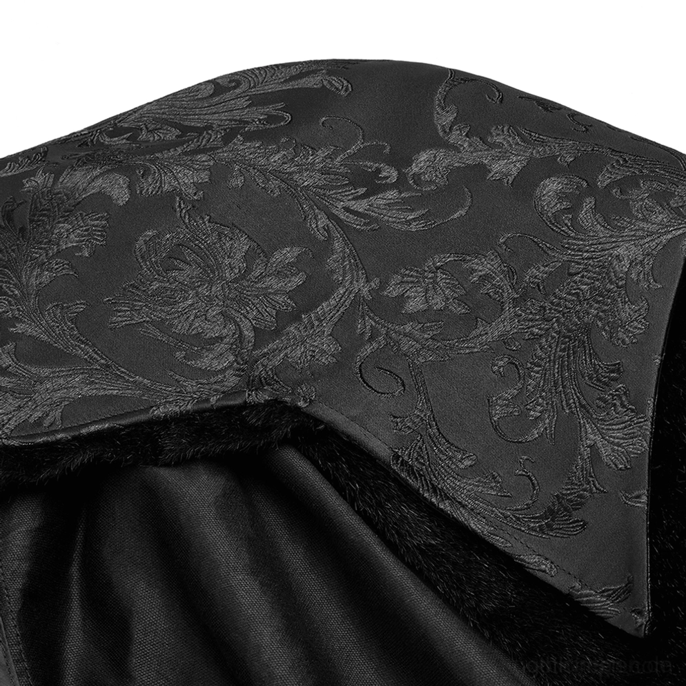 Extrem vergrößerte Nahaufnahme des Gothic Mantel-Capelets mit detailliertem floralen Jacquard-Webmuster und samtiger innerer Fütterungstextur