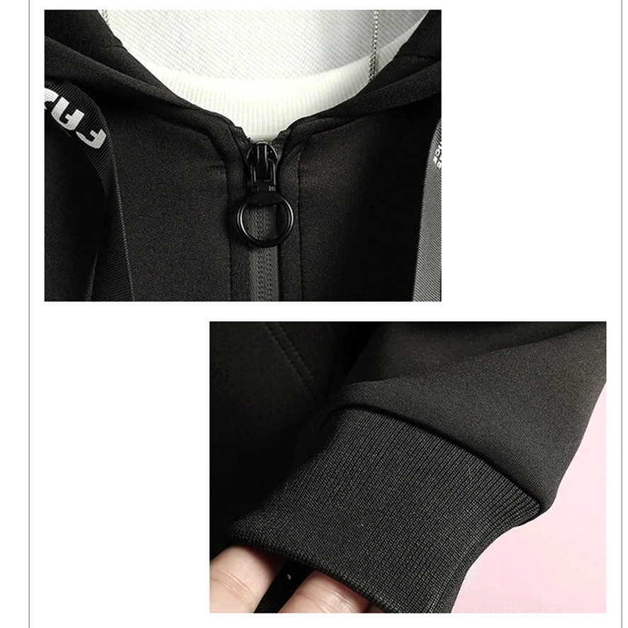 Nahaufnahme Gothic Mantel Reißverschluss und Kapuzen-Kordelzug Details, Vollreißverschluss und verstellbare Schnüre, Herren Hoodie