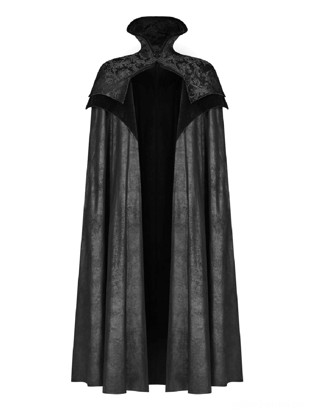 Gothic Mantel Rückansicht in statischer Präsentation, hebt ornates Jacquard-Capelet-Muster und dramatisch ausgestellten Saum hervor