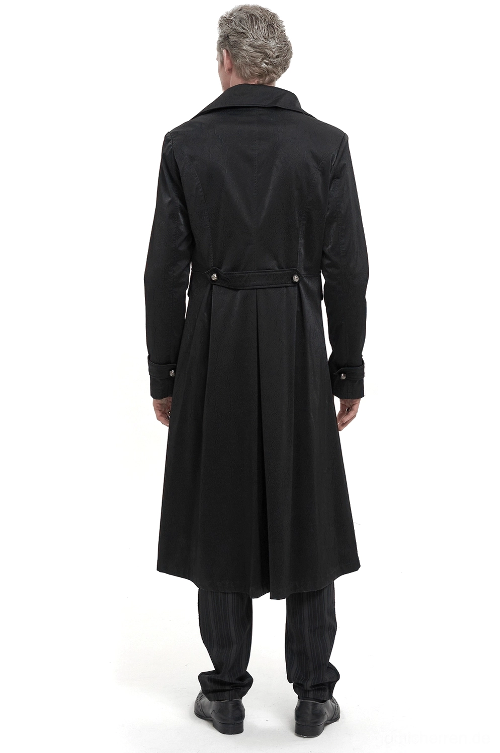 Schwarzer Leder-Gothic-Langmantel Rückansicht mit Rücken-Split-Saum verstellbarem Taillenriemen männliches Modell