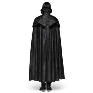 Gothic Vampir Mantel Rückansicht mit charakteristischem Aluminium-Stehkragen, fließendem Saum und ornamentalem Jacquard-Capelet-Detail auf männlichem Träger