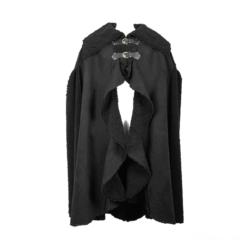 Rückseite des Herren-Gothic-Mantels in Flachlage, zeigt Kragenschnallen und Fleecesaumdetails, schwarze Polyester-Oberfläche auf weißem Hintergrund