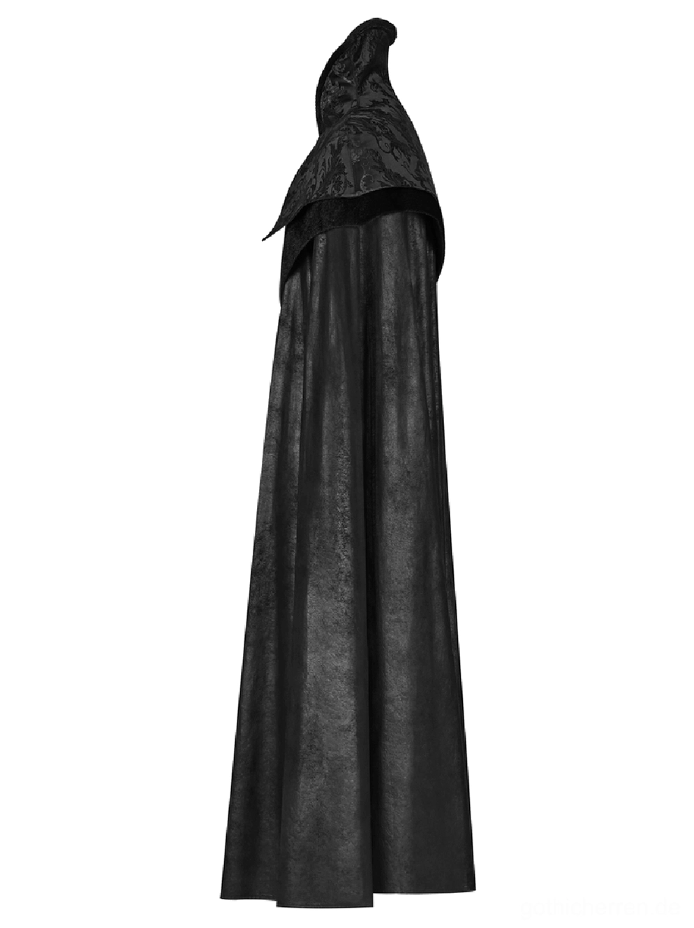 Gothic Umhang mit versteckter Kapuze, Seitenprofilansicht zeigt matte schwarze Stofftextur, architektonischer Schnitt und verborgenes Kappuzen-Design