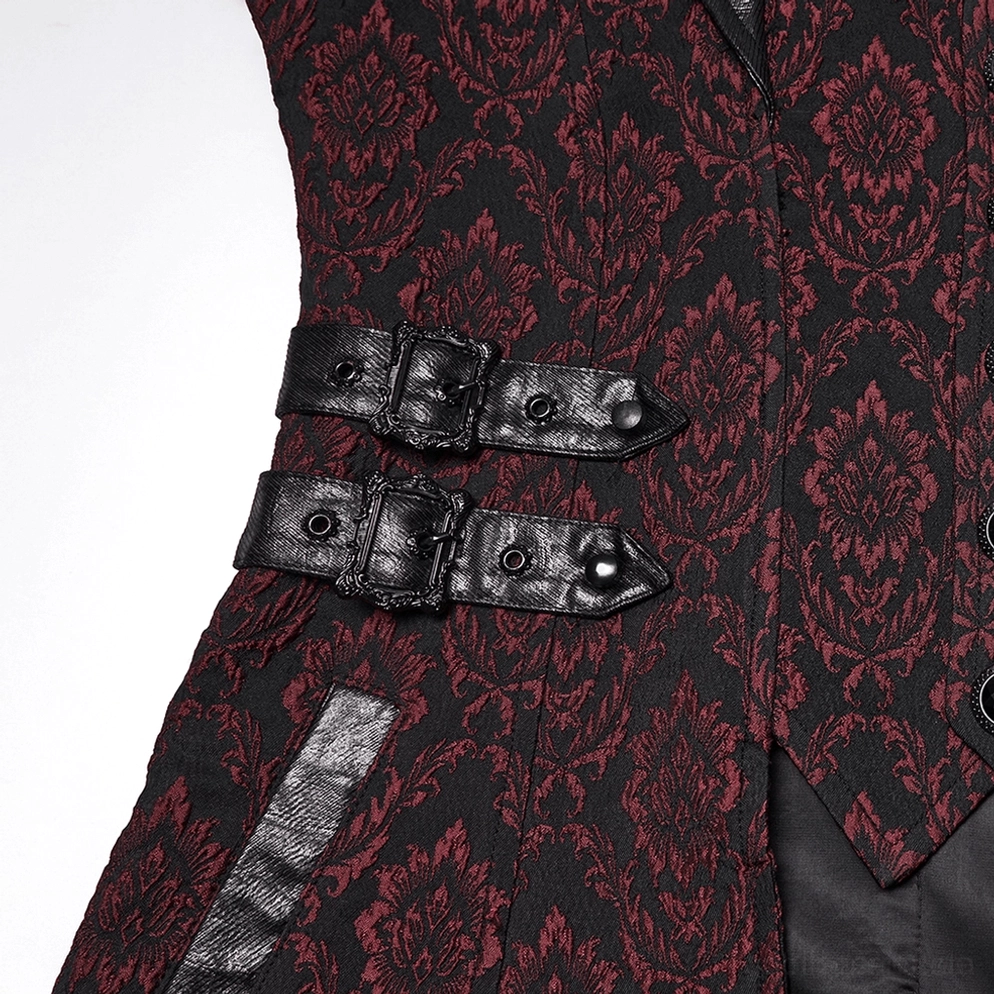 Gotischer Mantel Seitenschnalle Detail zeigend doppelte Metallverschlüsse, Kunstledergurte und feine Damaskus-Webung des Grundstoffs