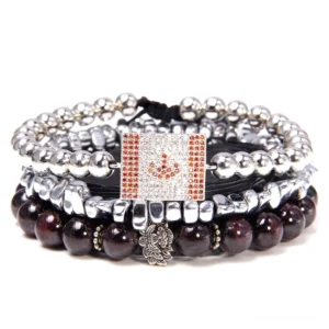 Gestapeltes dunkelrot naturstein perlen armband mit strass flaggenpendant silbern metallisch blüten charm gothic style mehrschichtig