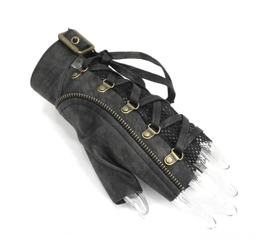 Einzelner schwarzer Gothic Mesh Handschuh Vorderansicht - Schnürung mit Metallösen und Mesh-Panel Detail