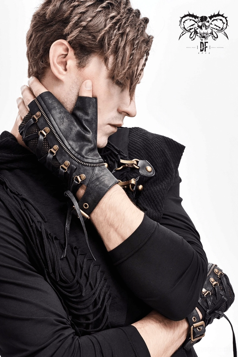 Gothic Mesh Handschuhe mit Metallösen - Schnürsystem und Grommet-Befestigungsmechanismus Detail