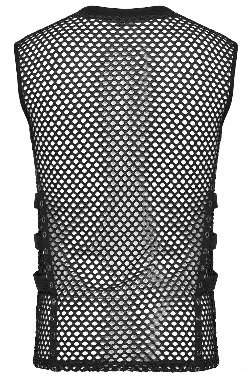 Rücken Flachlage des Gothic Mesh Muskelshirts präsentiert vollständiges Rücken-Mesh und Verstellriemen