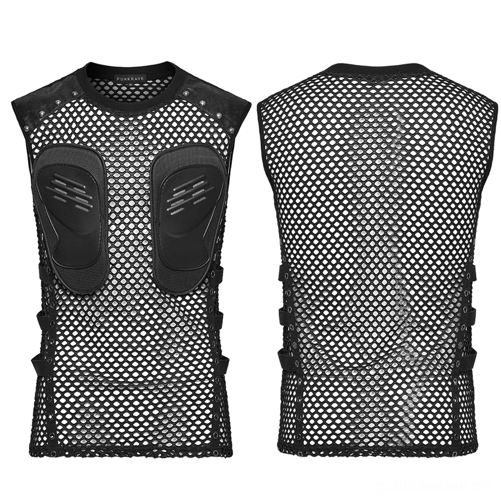 Flachlage des Gothic Mesh Muskelshirts mit Kunstleder-Brustpads und Seitenschnallen Detail