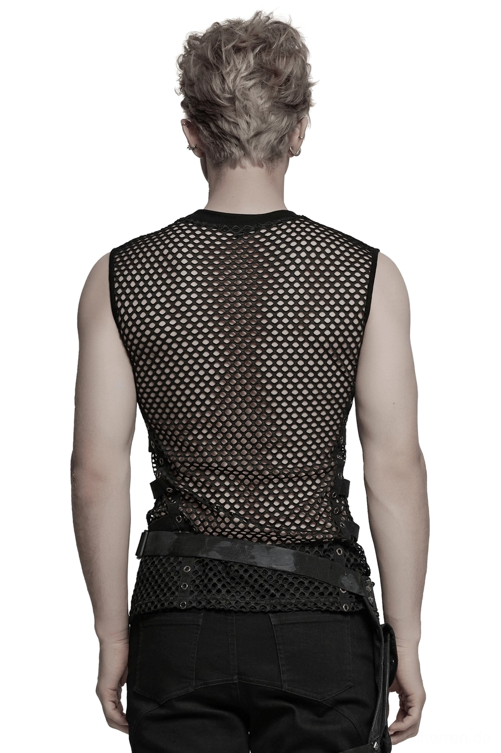 Schwarzes Cyberpunk Mesh Muskelshirt Rückansicht zeigt volle Rückentransparenz und taktisches Design