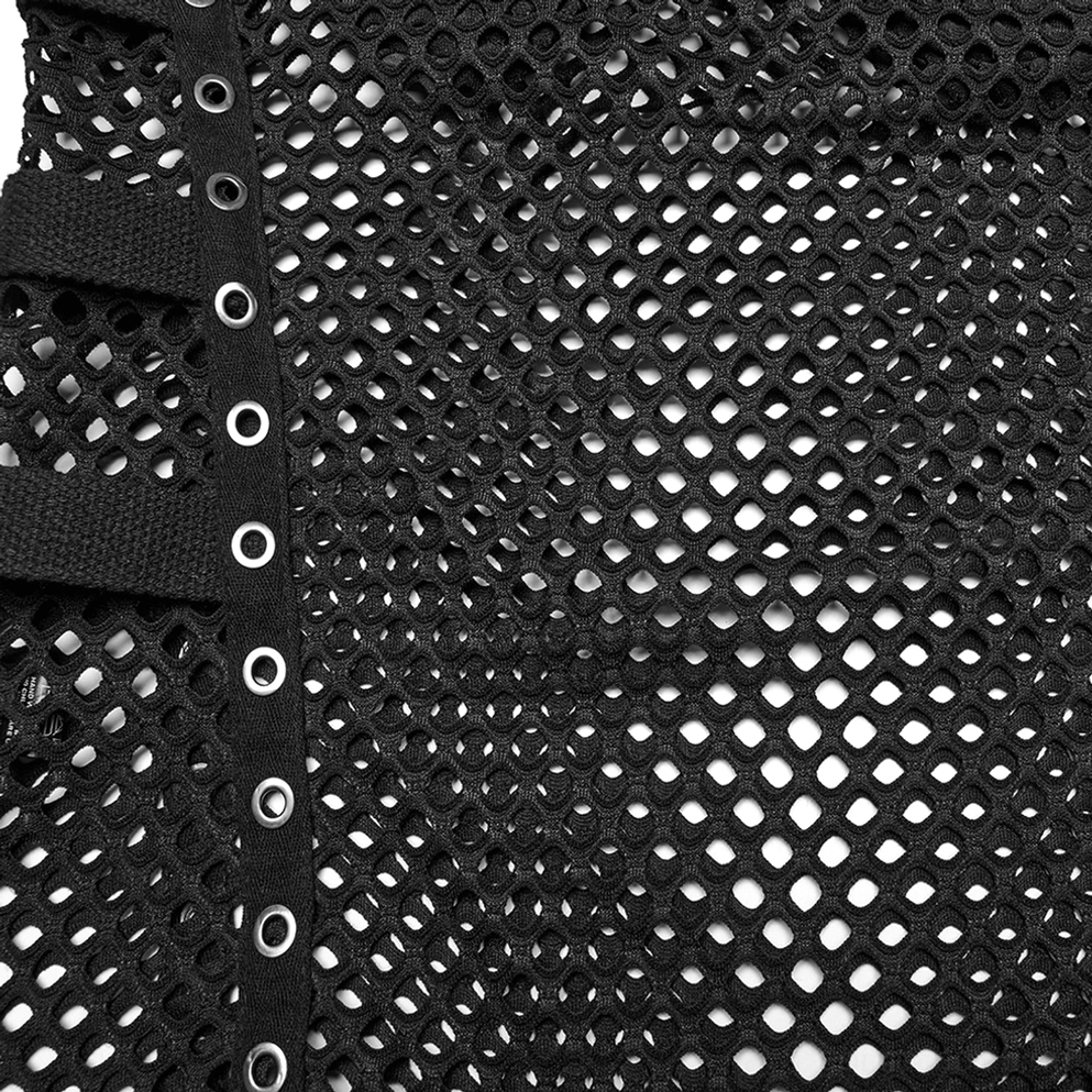 Detail-Aufnahme von Metall-Ösen Webbing-Riemen und Mesh-Textur auf den Seiten des Gothic Muskelshirts