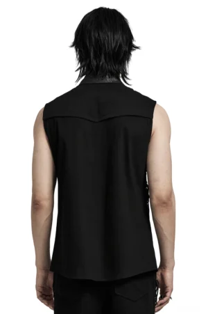 Gothic Mesh Tanktop Rückansicht mit solider schwarzer Rückenpartie und tailiertem Schulterjoch